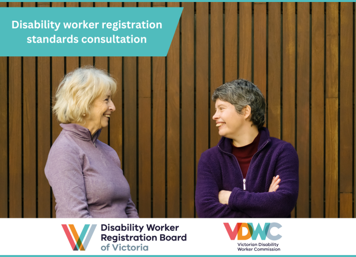 Two people standing talking in front of a brown wall. VDWC and the Board logo at the bottom. Text at the top that says Disability worker registration standards consultation.